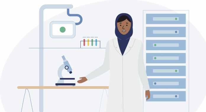 graphic of scientist in lab - ai and machine learning in healthcare concept