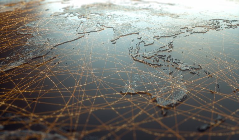 Globalized world, the future of digital technology. Connections and cloud computing in the virtual world. World map with satellite data connections. Connectivity across the world.