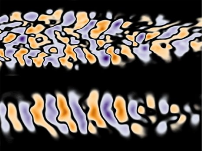 Contours of magnetic fields that emerge a result self organization microscopic currents resulting from the weibel instability in carbon dioxide laser produced plasma probed by an ultrashort relativistic electron beam image courtesy Chaojie Zhang University California Los Angeles