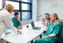 Group of medical professionals brainstorming in meeting