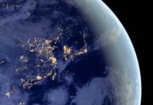 China and Japan lights during night as it looks like from space. Elements of this image are furnished by NASA