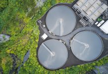 Sewage water works treatment plant aerial view from above showing waste quality control tanks