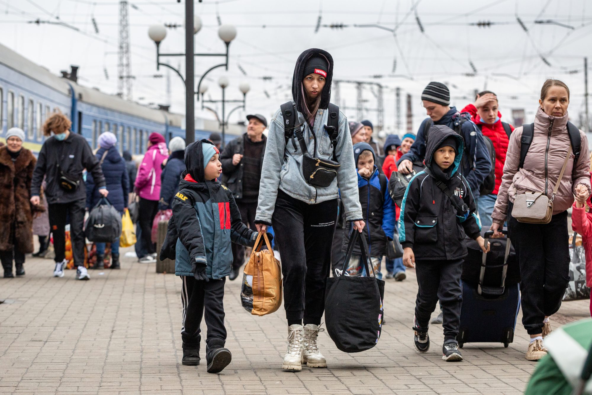 War in Ukraine. Refugees women, children, elderly from the evacuation train from Mariupol, Berdyansk