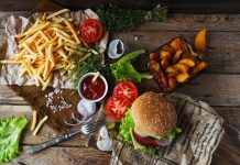 Homemade burger, fried potatoes, french fries, fast food set