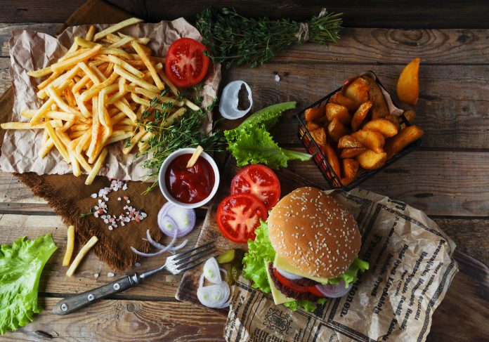 Homemade burger, fried potatoes, french fries, fast food set