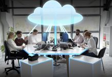 Business team with cloud computing hologram