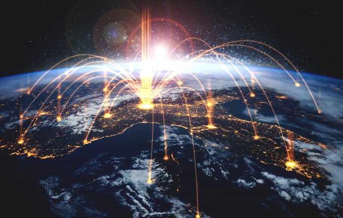 Global network connection covering the earth with lines of innovative perception . Concept of 5G wireless digital connection and future in the internet of things