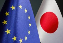 EU flag and Japan flag, illustrating horizon europe association