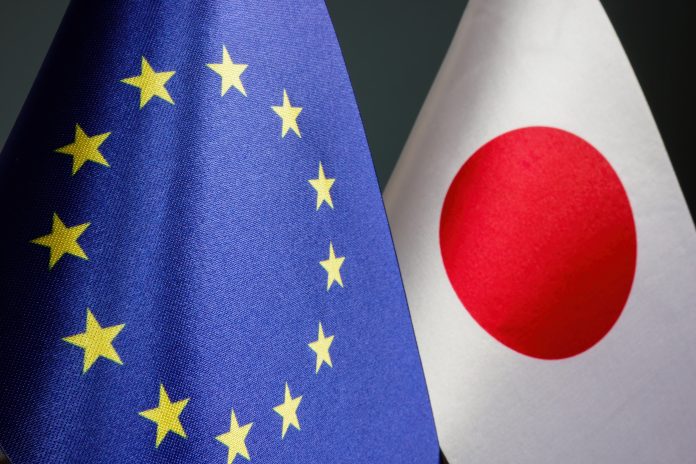 EU flag and Japan flag, illustrating horizon europe association