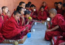 Young Tibetan monks during lessons in Likir gompa (monastery). Near the Indian/Tibetan border in Ladakh, Northern-India