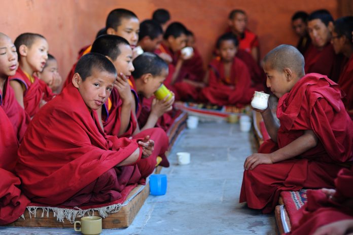 Young Tibetan monks during lessons in Likir gompa (monastery). Near the Indian/Tibetan border in Ladakh, Northern-India