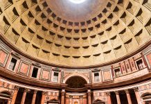 Pantheon in Rome, Italy, one of the best-preserved of all Ancient Roman buildings, world largest unreinforced concrete dome