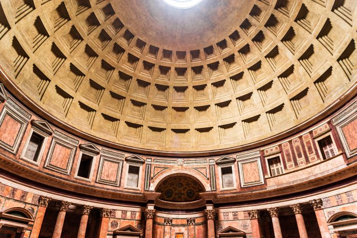 Pantheon in Rome, Italy, one of the best-preserved of all Ancient Roman buildings, world largest unreinforced concrete dome