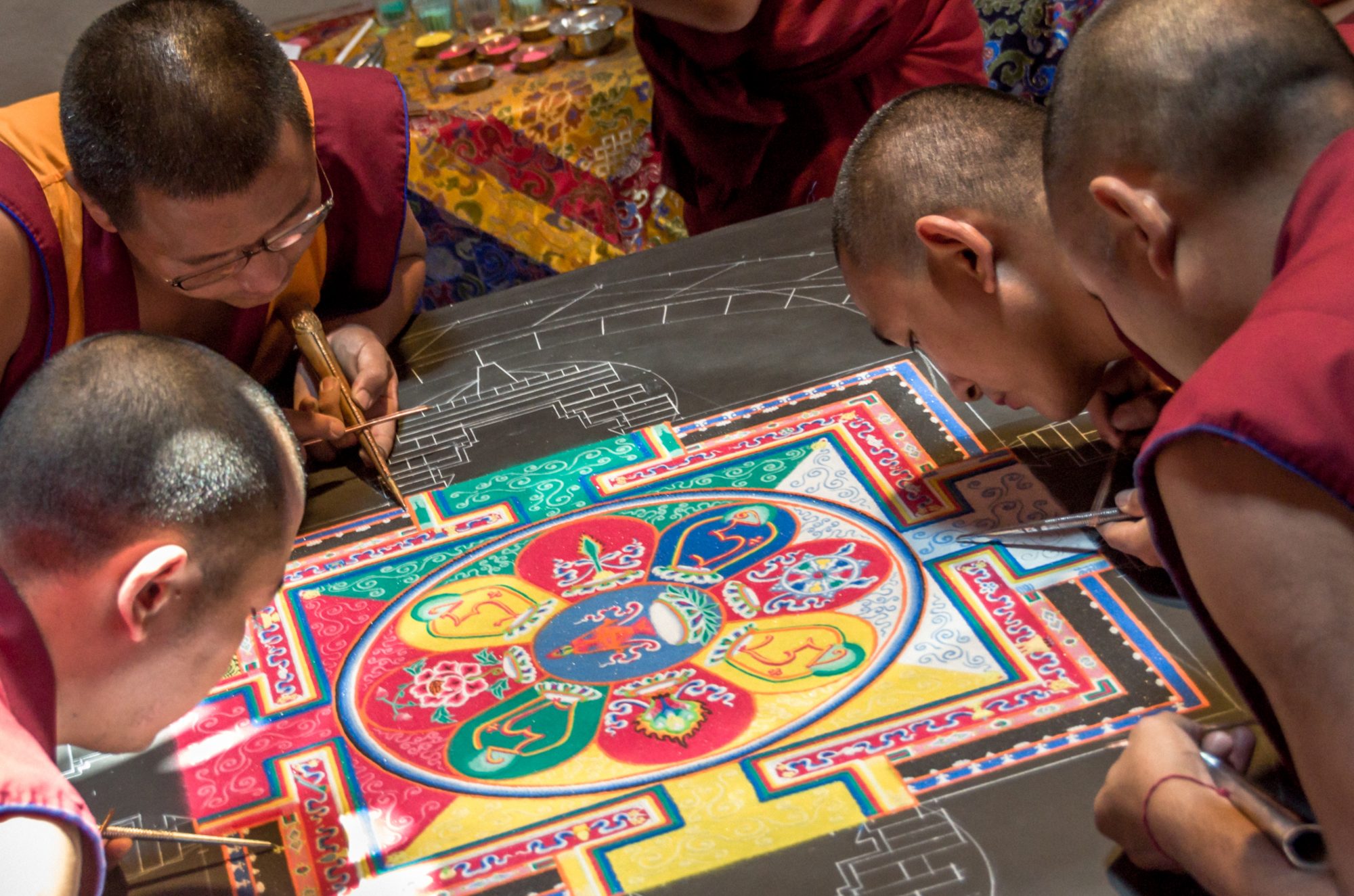 Tibetan mandala made with coloured sand in a Tepoztlan visit of the Drepung Loseling monastery monks