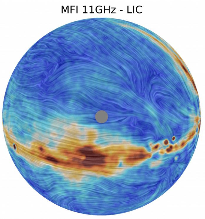Map of polarized microwave emission in the northern hemisphere measured by QUIJOTE. The drapery pattern represents the direction of the Galactic magnetic field. The colour scale represents the intensity of the emission. Credit: QUIJOTE Collaboration