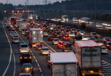 Watford, UK - September 24, 2017: Evening traffic jam on British motorway M1.M25/M1 junction.