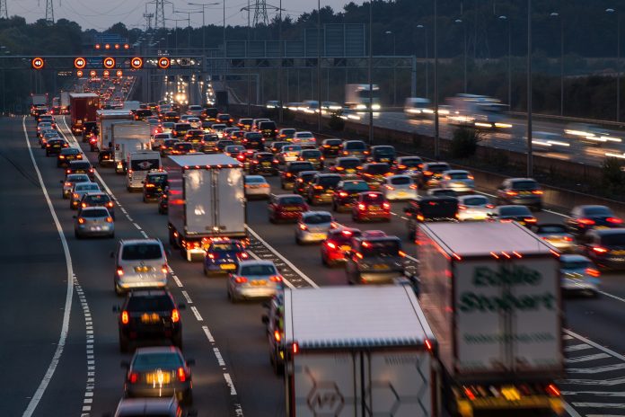 Watford, UK - September 24, 2017: Evening traffic jam on British motorway M1.M25/M1 junction.