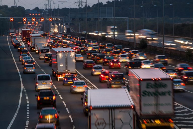 Watford, UK - September 24, 2017: Evening traffic jam on British motorway M1.M25/M1 junction.