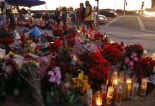 A makeshift memorial at the Inland Regional Center (IRC) in San Bernardino, CA. San Bernardino shooting aftermath