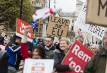 LONDON, UK - March 13, 2019: Brexit supporters campaigning to leave the EU.