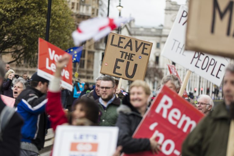 LONDON, UK - March 13, 2019: Brexit supporters campaigning to leave the EU.