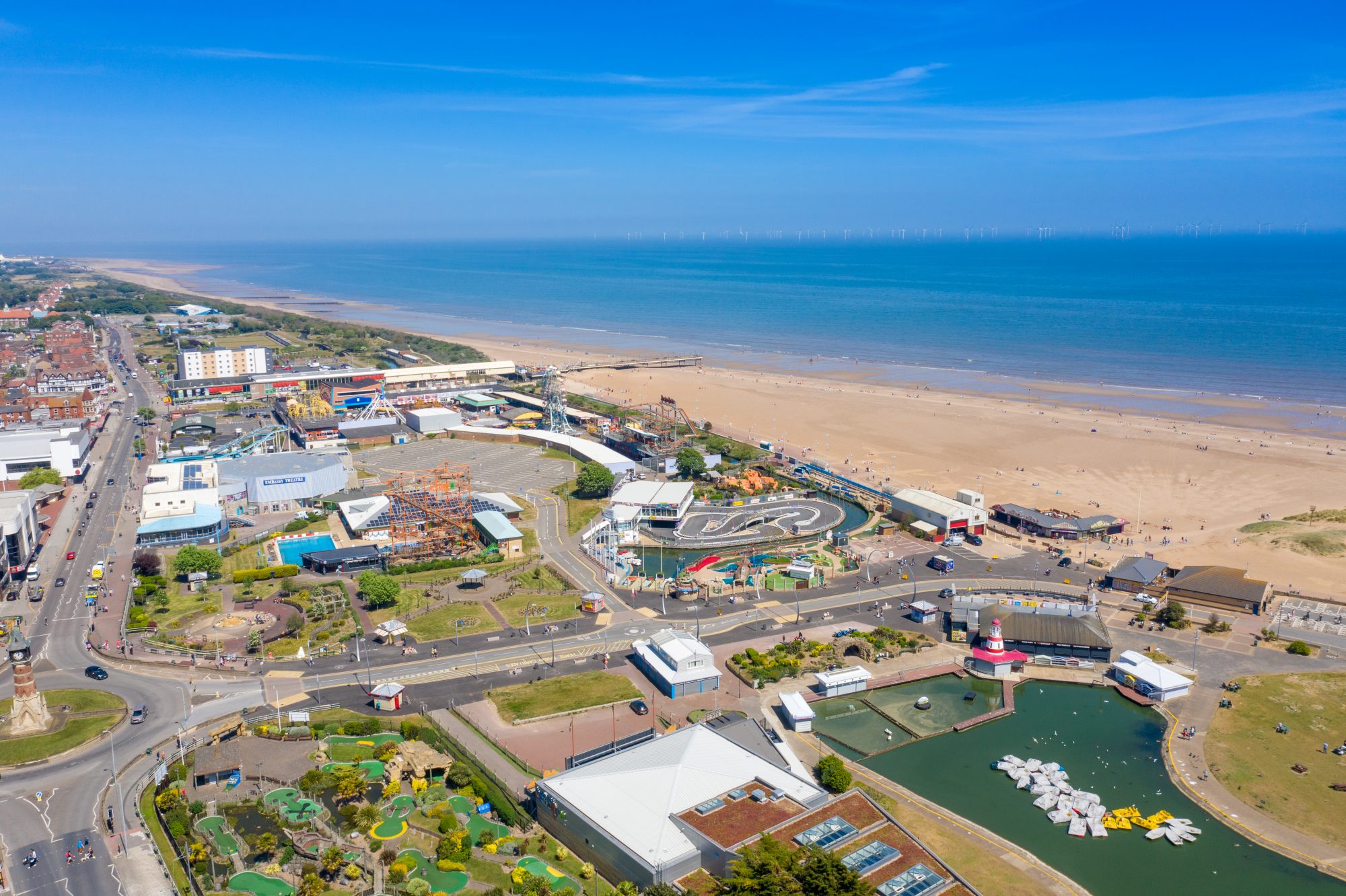 Skegness beach against a blue sky