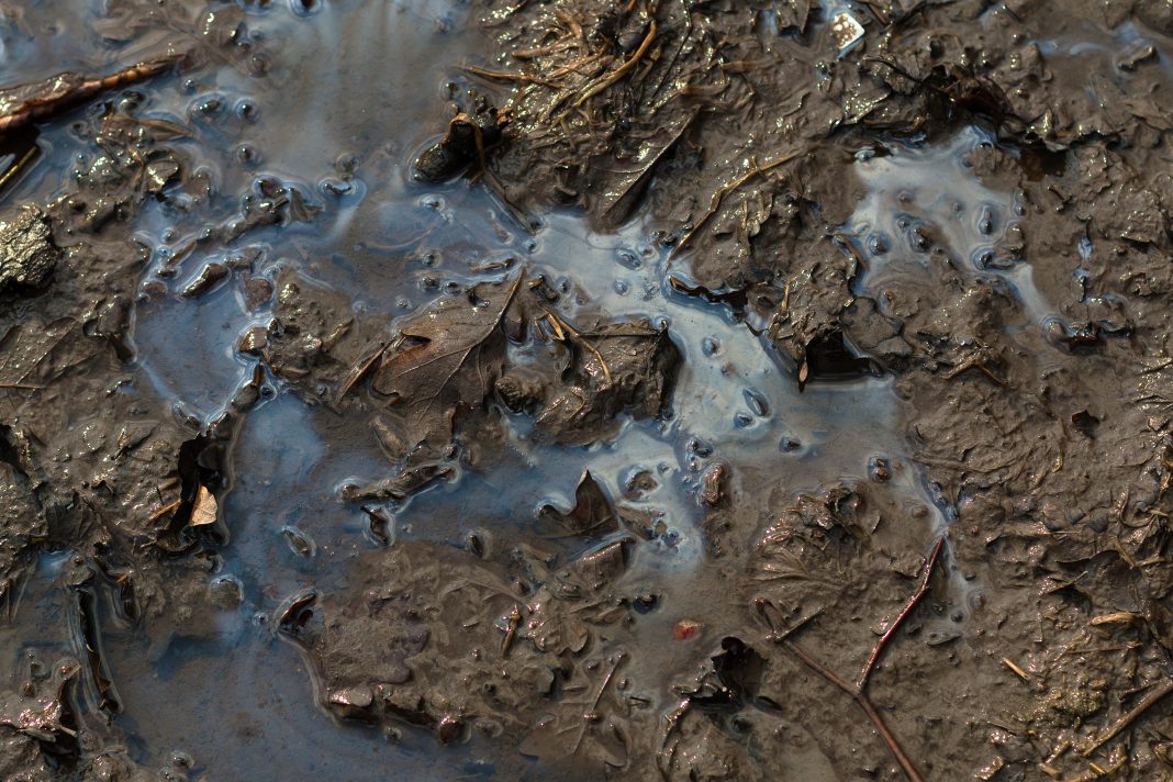 Mud texture or wet brown soil as natural organic clay and geological sediment mixture as in roughing it in a dirty muddy country road bog after the rain or rainy season found in a damp moist climate.