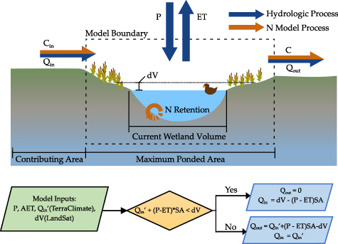 Figure 1. Conceptual model framework. Wetland schematic showing fluxes and stores, and algorithmic flow chart for the reduced complexity hydrology model.