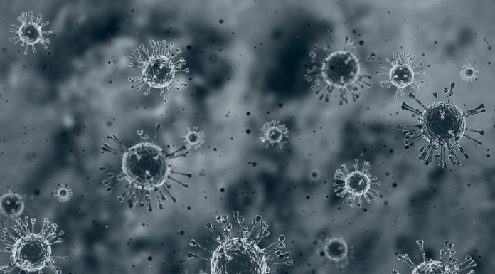 Virus in dirty dust smoke flow in the air Covid- virus 3D rendering - nanotechnology