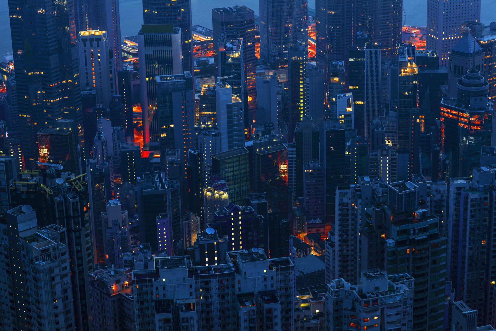 Hong Kong's Mid Levels and Central District neighborhood seen from Victoria Peak, China