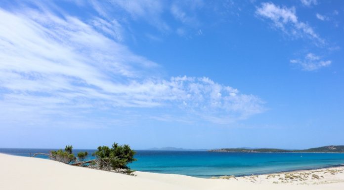 Iconic sandy beach and coastal dune system in Porto Pino (Italy)