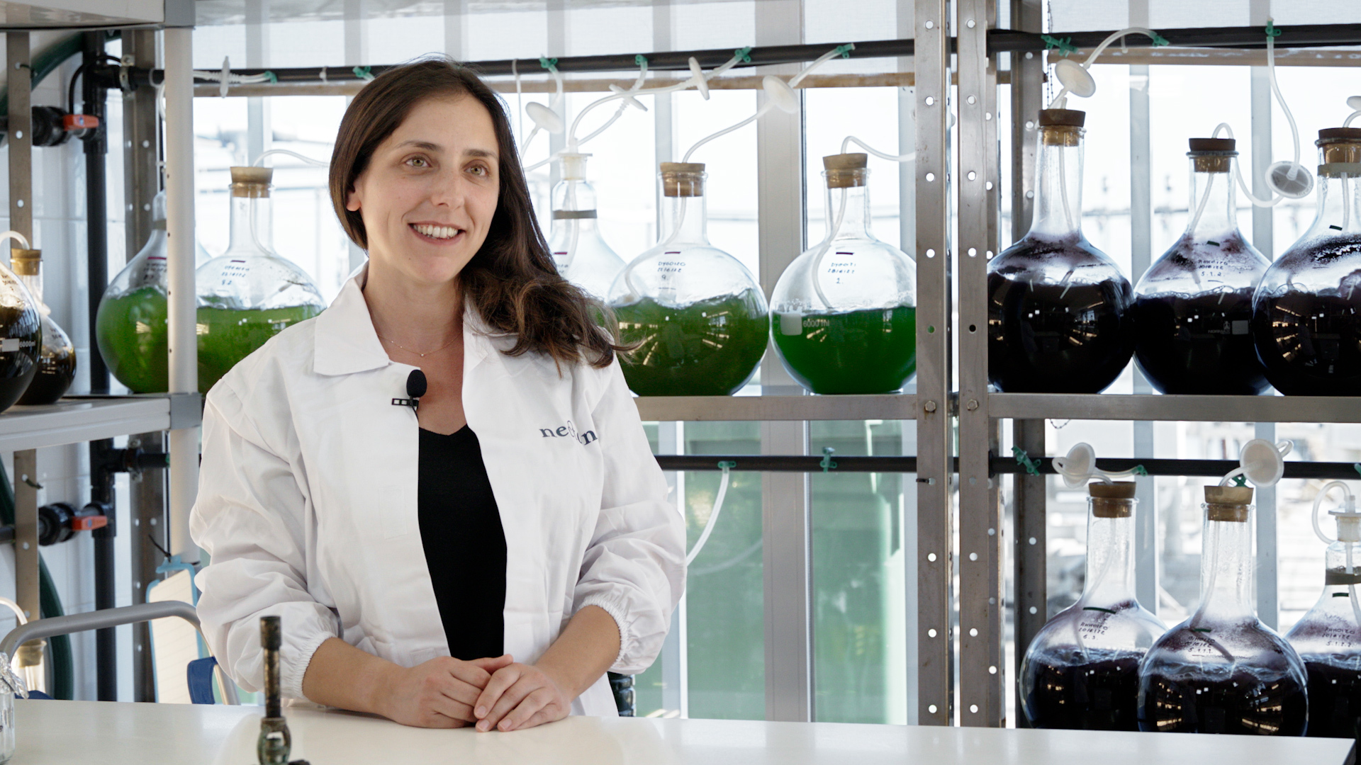 Mariana Carneiro in the inoculum room at Necton. Here, the microalgae are first cultivated in small flasks before finally being transferred to the outdoor photo-bioreactor