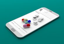Pills and prescription on a smartphone isolated on green background. 3d illustration
