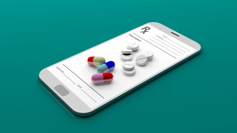 Pills and prescription on a smartphone isolated on green background. 3d illustration