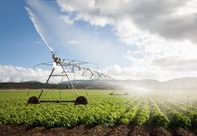 An irrigation machine spraying water on a large field.