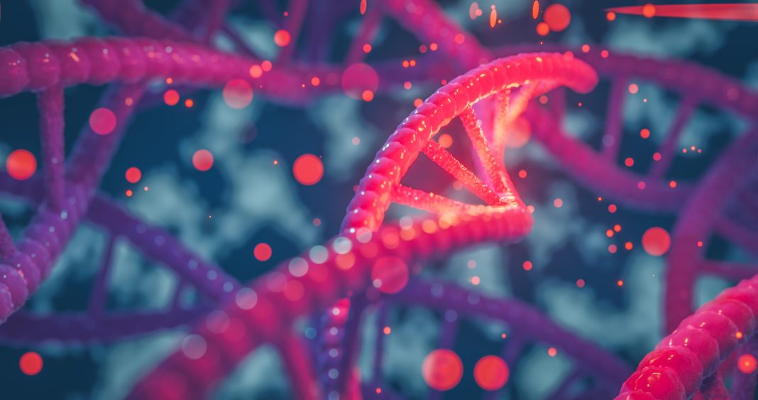 DNA helix colorful genes chromosomes DNA sequence, DNA structure with glow. Science concept background 3d rendering