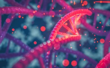 DNA helix colorful genes chromosomes DNA sequence, DNA structure with glow. Science concept background 3d rendering