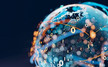 Earth (focus on Europe) represented by little dots, binary code and lines - big data, global business, cryptocurrency 3D render