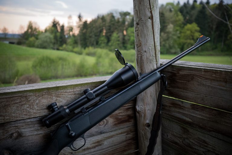 Modern hunting weapon with scope on a high seat at dusk in Germany