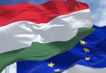 Detail of the national flag of Hungary waving in the wind with blurred european union flag in the background on a clear day. Democracy and politics. European country. Selective focus.