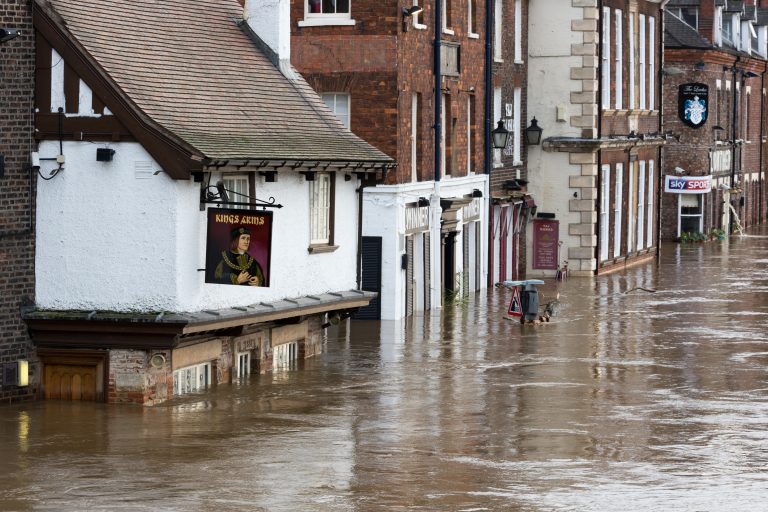 York, UK - December 28, 2015: The Kings Arms public house in York with water up to window level