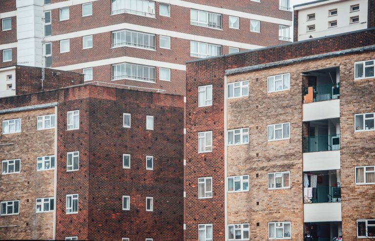 Facades of different apartment buildings in London