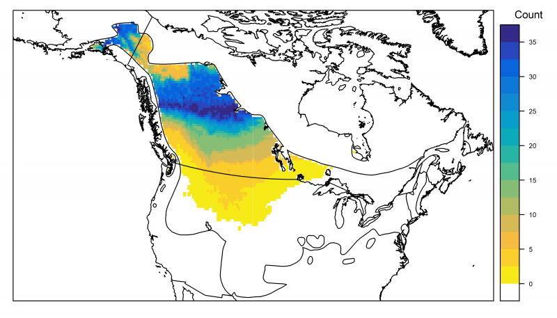 Breeding origins of Blue-winged Teal harvested in southern Ontario, Canada using stable isotope assignment techniques. Legend numbers correspond to numbers of individuals assigned to pixels.