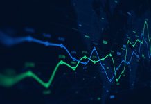 Digital analytics data visualization, financial schedule, monitor screen in perspective for presentations