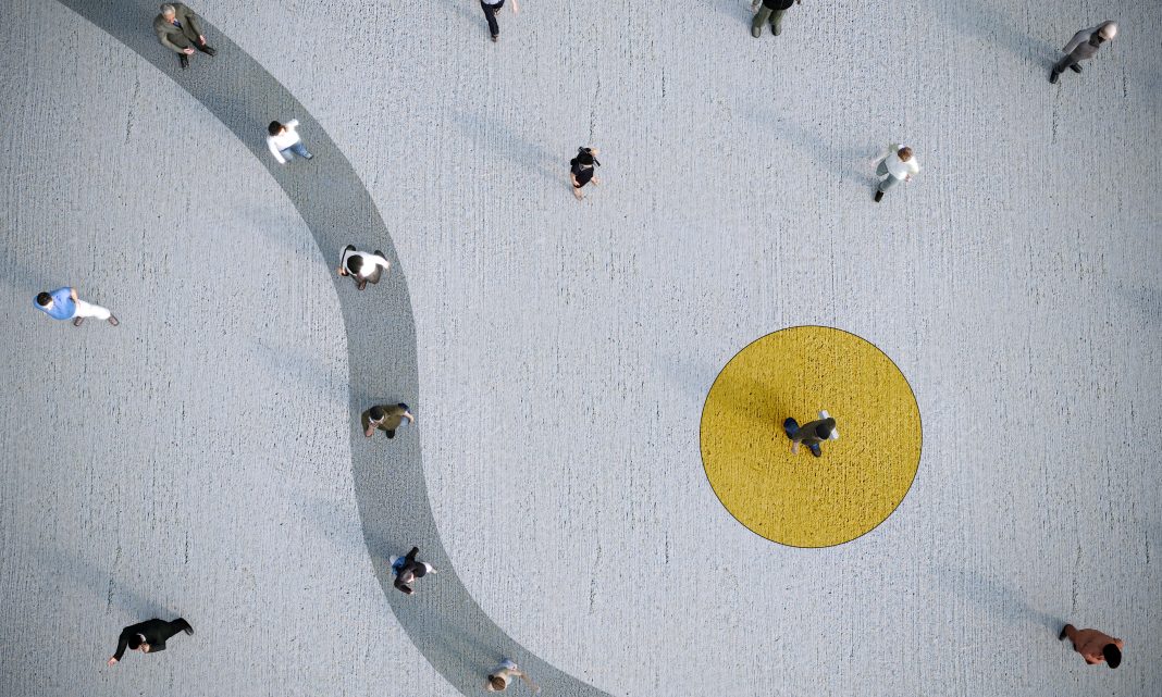 Social distancing concept with 3d low-poly people on the street, some of them waiting in line with social distance. ( 3d render )