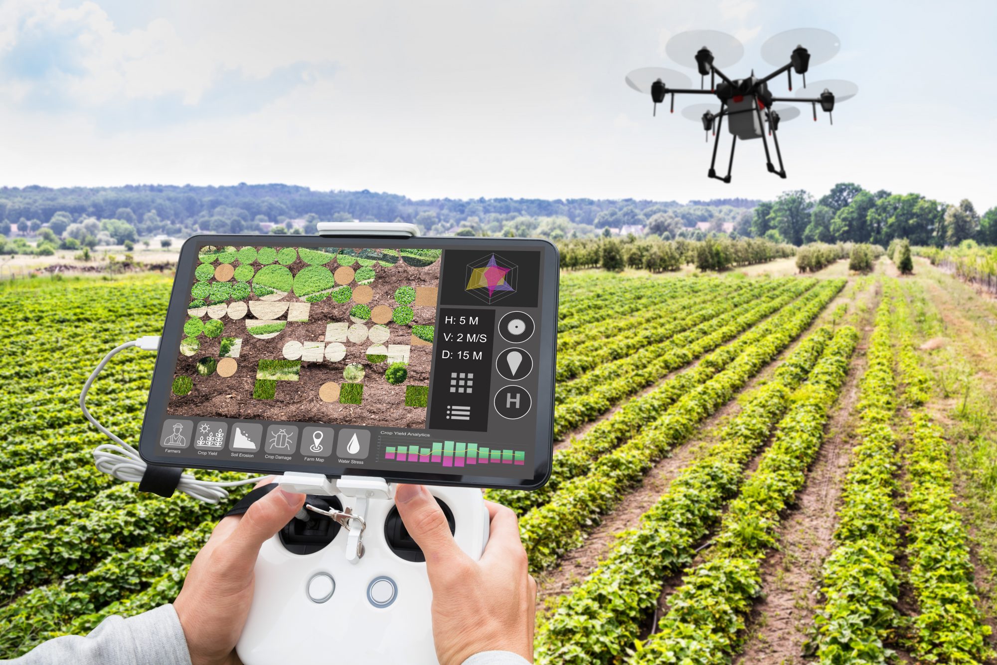 farmer operating drone on land