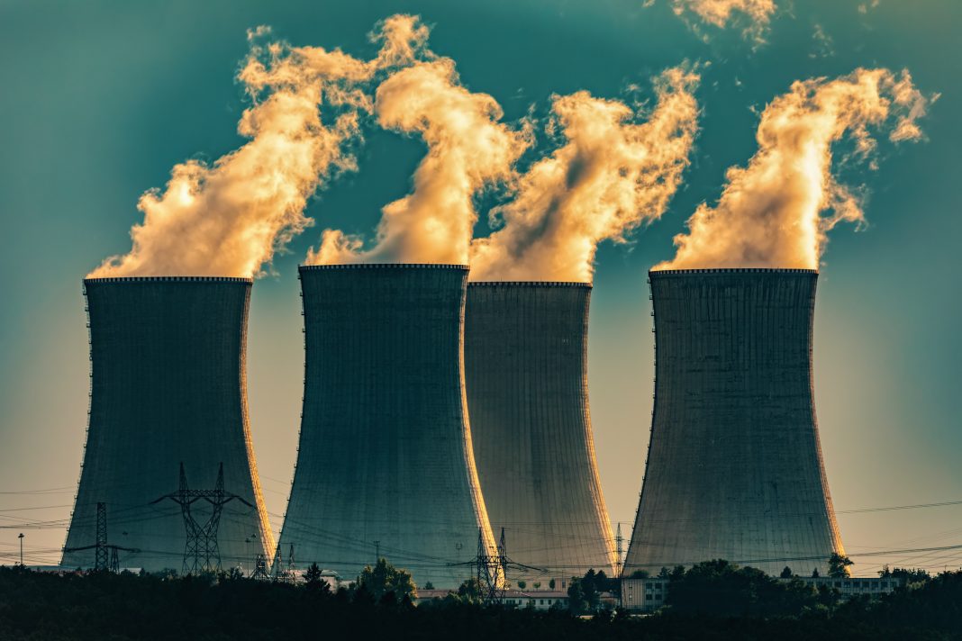 Nuclear power plant energy in Dukovany, view from National Nature Reserve Mohelenska serpentine steppe, Mohelno, Trebic district, Vysocina region, Czech Republic