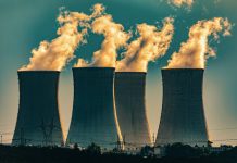 Nuclear power plant energy in Dukovany, view from National Nature Reserve Mohelenska serpentine steppe, Mohelno, Trebic district, Vysocina region, Czech Republic