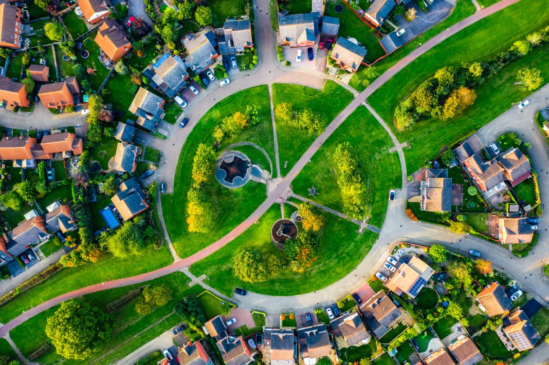 Aerial view suburban neighborhood with identical wealthy, Milton Keynes, Furzton