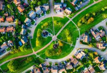 Aerial view suburban neighborhood with identical wealthy, Milton Keynes, Furzton